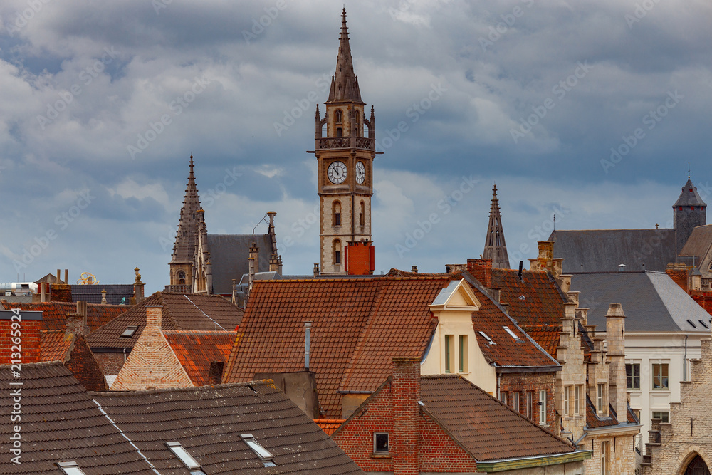 Fototapeta premium Gent. Clock tower at sunset.