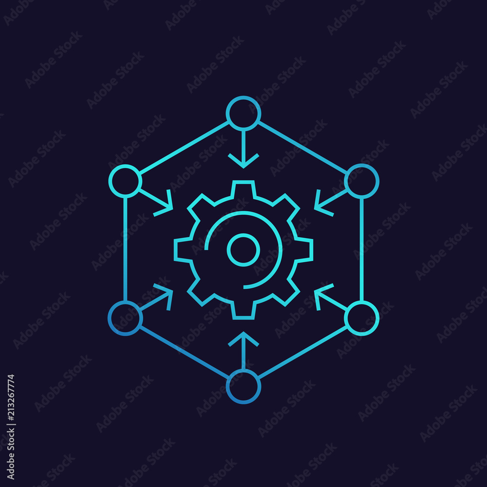 Integration process, technology icon with cogwheel and arrows, linear Integration process, technology icon with cogwheel and arrows, linear