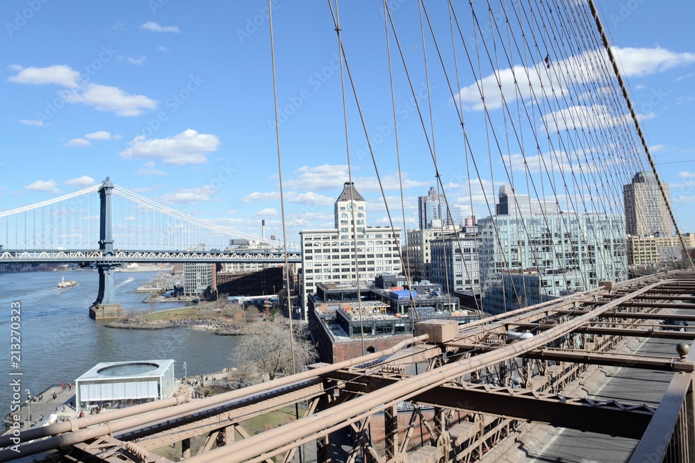 Brooklyn, New York USA May 2018: A view of Brooklyn and the Hudson river from the Brooklyn bridge. 