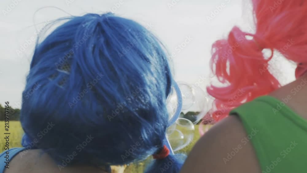 Two cheerful girls clown blow bubbles in the field. Two cheerful girls clown blow bubbles in the field.