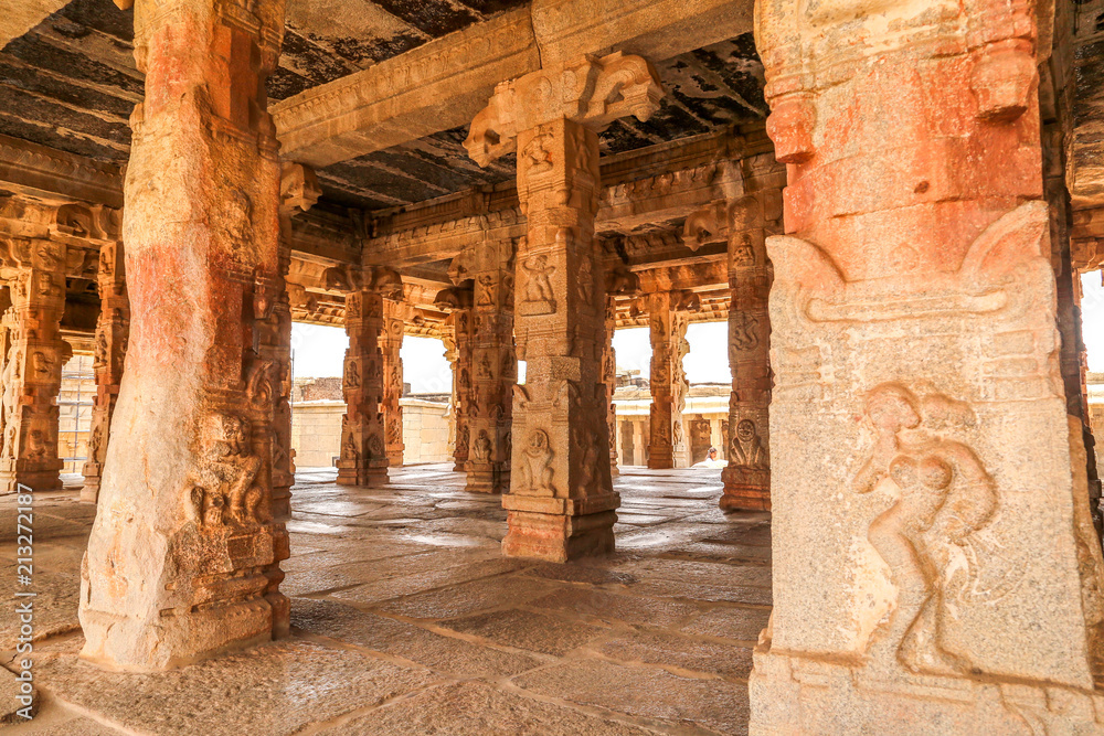 Stone Pillars and Canopy in Hampi, Karnataka, India