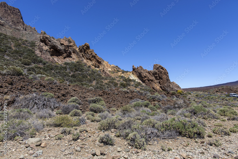 Desert in Tenerife. Lunar landscape in Tenerife national park.Volcanic mountain scenery, Teide National Park, Canary islands, Spain.Hiking in the mountains and desert