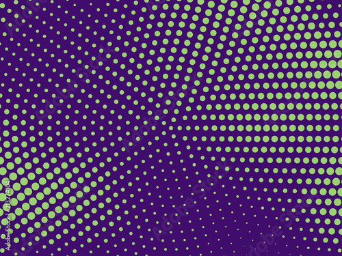 Green-purple halftone background. Digital gradient. Abstract backdrop with circles  point  dots