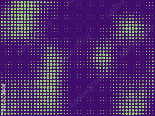 Green-purple halftone background. Digital gradient. Abstract backdrop with circles, point, dots