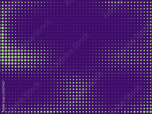 Green-purple halftone background. Digital gradient. Abstract backdrop with circles, point, dots