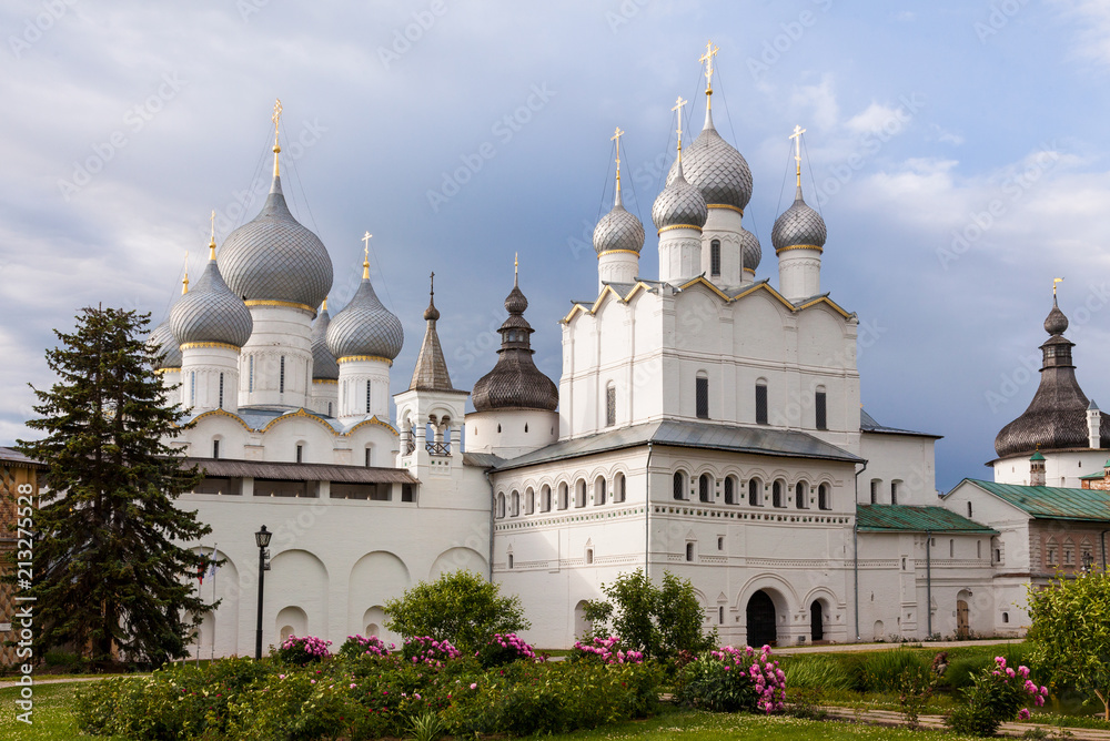 View of the Orthodox cathedrals of the Rostov Kremlin from the courtyard at sunset