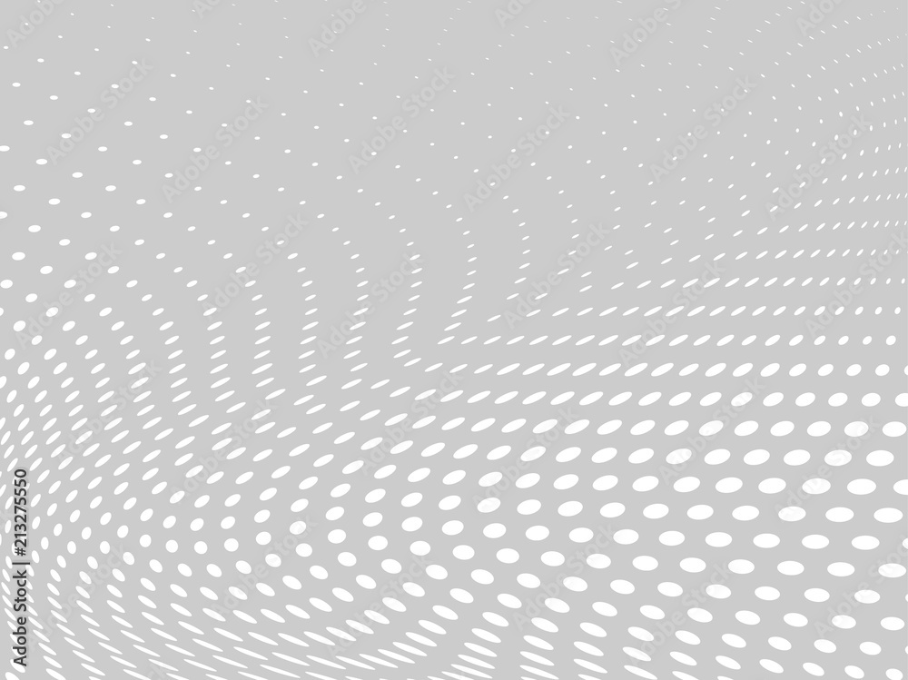 White-gray halftone background. Digital gradient. Abstract backdrop with circles, point, dots