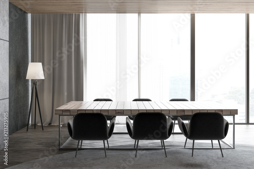 Gray panoramic dining room interior