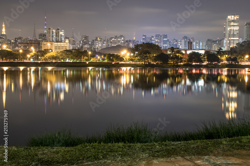 Sao Paulo  Brazil. June 02  2017  Night view lake in Ibirapuera Park and Sky line of city in Sao Paulo.