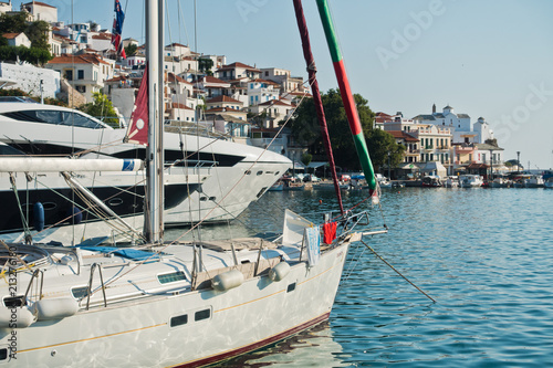 Skopelos town and harbor at summer morning, island of Skopelos, Greece photo