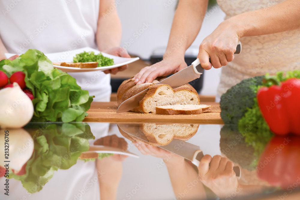 Closeup of human hands cooking in kitchen. Mother and daughter or two female friends cutting bread. Healthy meal, vegetarian food and lifestyle concept Closeup of human hands cooking in kitchen. Mother and daughter or two female friends cutting bread. Healthy meal, vegetarian food and lifestyle concept