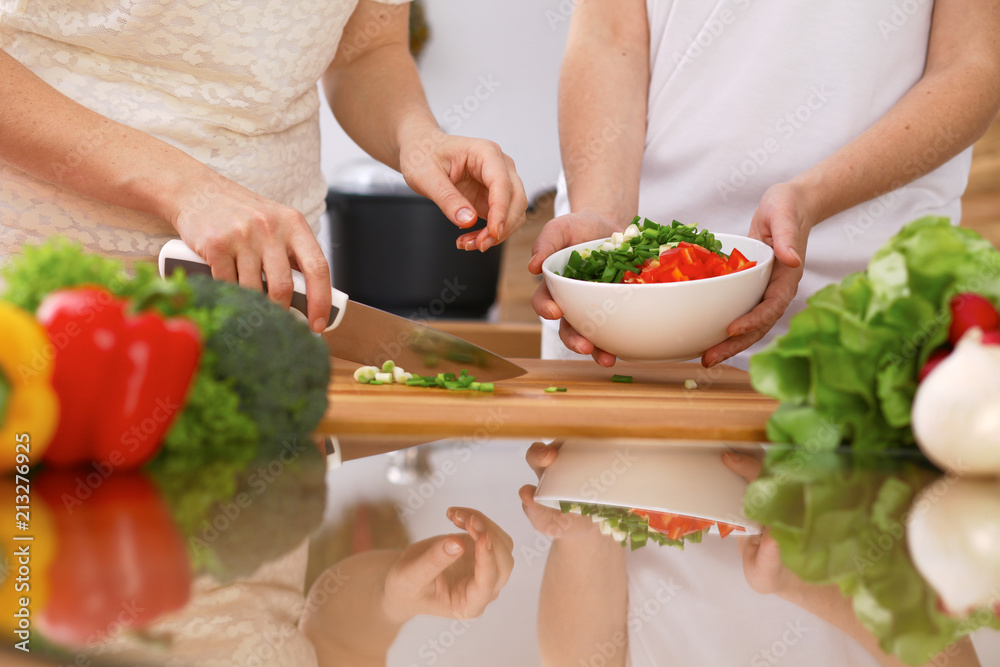 Closeup of human hands cooking in kitchen. Mother and daughter or two female friends cutting vegetables for fresh salad. Healthy meal, vegetarian food and lifestyle concepts Closeup of human hands cooking in kitchen. Mother and daughter or two female friends cutting vegetables for fresh salad. Healthy meal, vegetarian food and lifestyle concepts