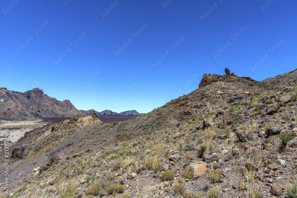 Desert in Tenerife. Lunar landscape in Tenerife national park.Volcanic mountain scenery, Teide National Park, Canary islands, Spain.Hiking in the mountains and desert