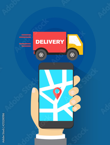 shipment trace tracker application concept, hands holding smartphone with opened package trace tracker application, vector flat design illustration