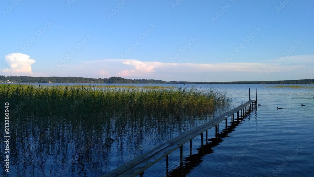 russian lake wit bridge and forest, wooden 	pathway 4