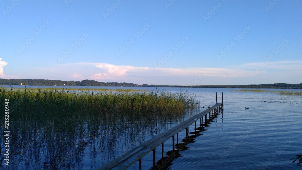 russian lake wit bridge and forest, wooden 	pathway 3