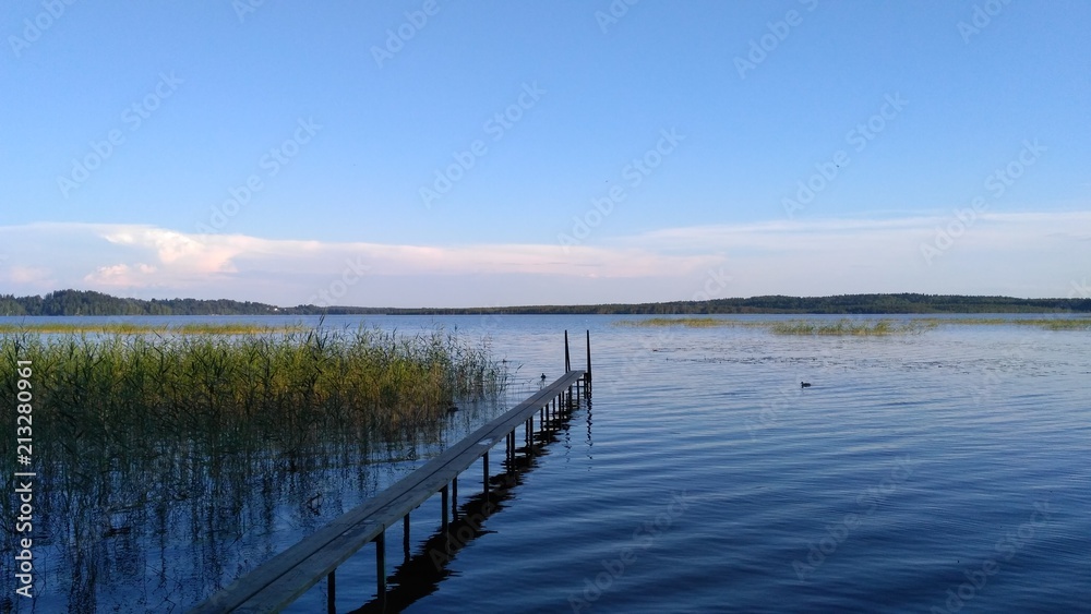 russian lake wit bridge and forest, wooden 	pathway 1