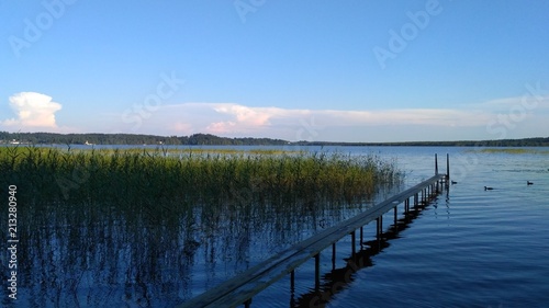 russian lake wit bridge and forest, wooden pathway 4
