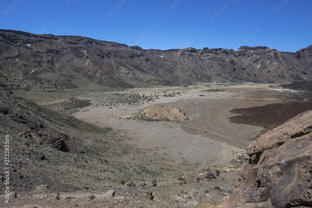 Desert in Tenerife. Lunar landscape in Tenerife national park.Volcanic mountain scenery, Teide National Park, Canary islands, Spain.Hiking in the mountains and desert