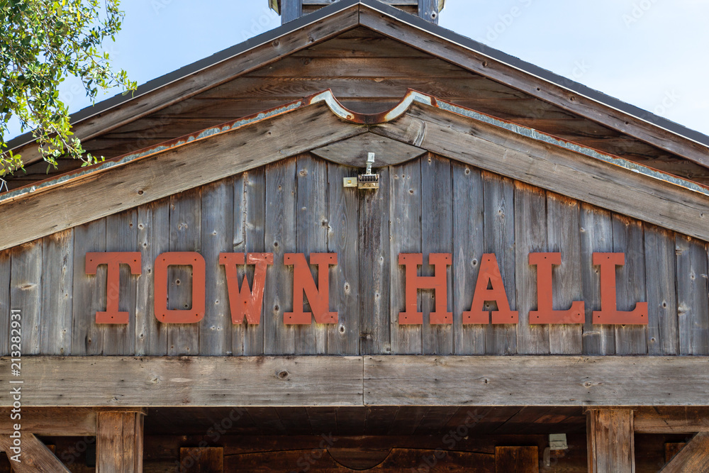 Town hall sign closeup, old west style wooden building Davie, Florida, USA Stock Photo Adobe