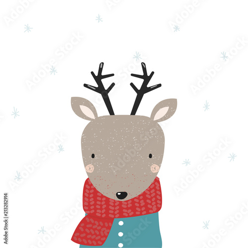 Cute winter deer with red knitted scarf. Vector hand drawn illustration.