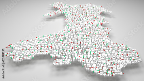 3D Map of Wales - UK | 3d Rendering, mosaic of little bricks - White and flag colors. A number of 4622 little boxes are accurately inserted into the mosaic