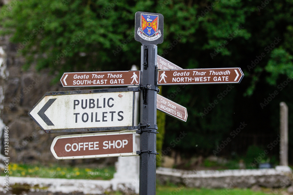Road signs with directions for tourists visiting Fore Abbey at the Fore Village in County Westmeath Ireland