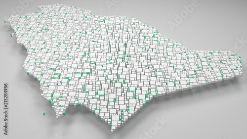 3D Map of Kingdom of Saudi Arabia | 3d Rendering, mosaic of little bricks - White and flag colors. A number of 4154 little boxes are accurately inserted into the mosaic