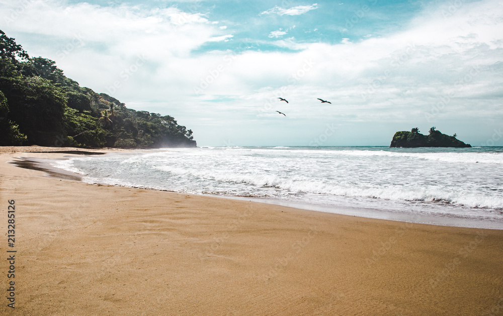 View of the small rocky island off the beach of Playa Cocles, near Puerto Viejo, on the Caribbean coast of Costa Rica View of the small rocky island off the beach of Playa Cocles, near Puerto Viejo, on the Caribbean coast of Costa Rica