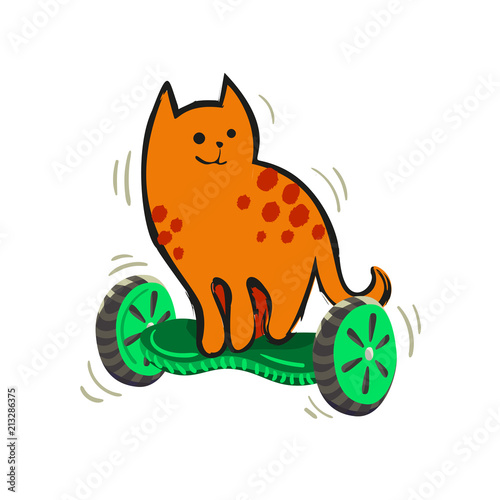 A cartoon ginger spotted cat on a gyroscope. Vector illustration from a series Funny cats