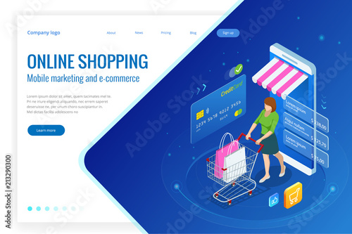 Isometric Smart smartphone online shopping concept. Smartphone turned into internet shop. Mobile marketing and e-commerce. Vector illustration