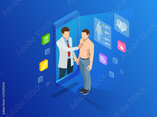 Isometric healthcare, diagnostics and online medical consultation app on smartphone. Digital health concept with a doctor standing on phone surrounded by assorted medical icons. Innovative technology