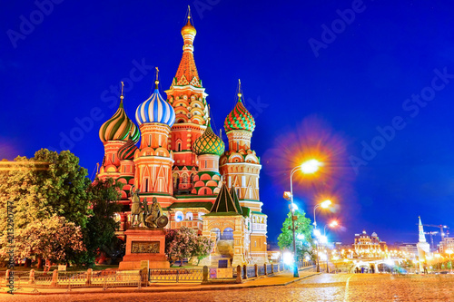 View of St. Basil's Cathedral on the Red Square at night in Moscow, Russia.
