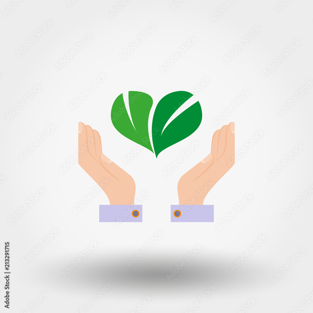 Green leaves in the form of heart on hand. Environmental protection. Icon. Vector. Flat. Green leaves in the form of heart on hand. Environmental protection. Icon. Vector. Flat.