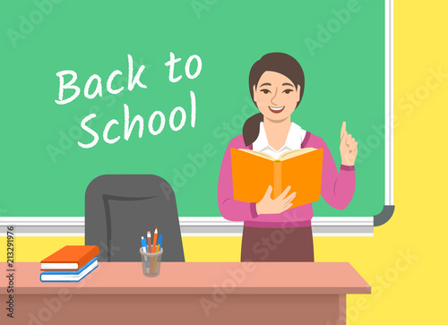 Teacher young asian woman standing with open book at the blackboard in classroom. School class interior. Traditional education concept. Vector cartoon illustration. Back to school banner.