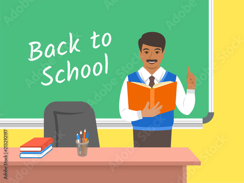 Teacher Indian man standing with open book at the blackboard in classroom. School class interior. Traditional education concept. Vector cartoon illustration. Back to school banner.