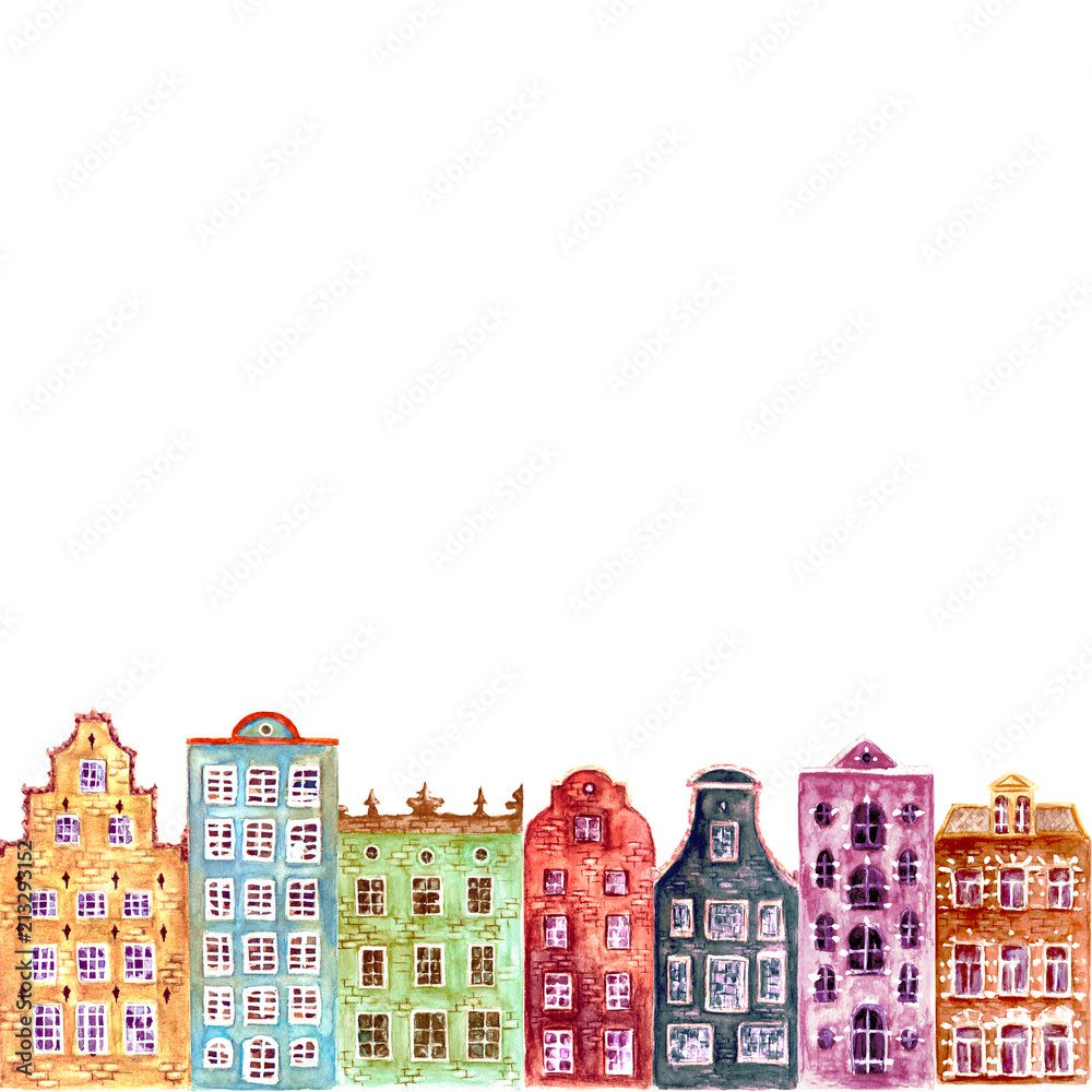 Seamless pattern of watercolor old europe houses