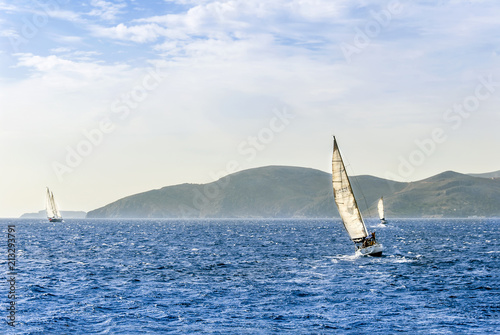 Kalymnos Island, Greece  22 October 2010: Bodrum Cup Races, Gulet Wooden Sailboats © Kayihan