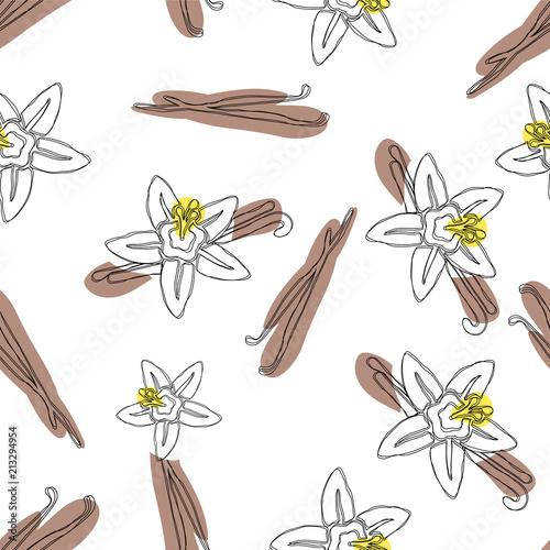 Vanilla stick and flower vector hand drawn seamless pattern. Flavor vanilla blossom illustration