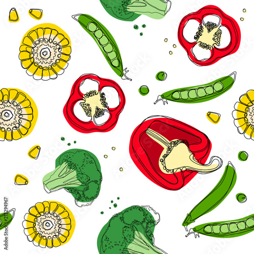 Vegetables mix seamless pattern. Corn, pepper, broccoli, pea.