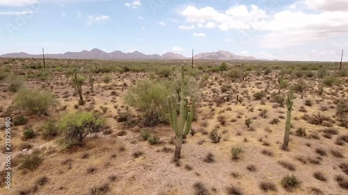 Desert Climbing Pull Back Reveal with Saguaro Cactus, Road, and Phone Poles