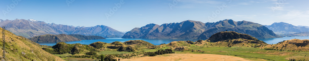 Panoramic view of the landscape at the start of the Roy's Peak track, south island, New Zealand