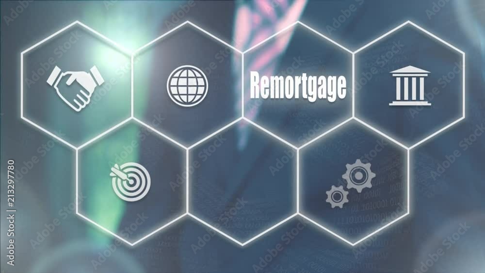 A businessman's hand selecting a remortgage concept button on a futuristic computer screen. A businessman's hand selecting a remortgage concept button on a futuristic computer screen.