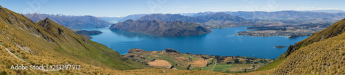 Panoramic view of Wanaka and the surrounding lake and mountain range, from the Roy's Peak track in New Zealand
