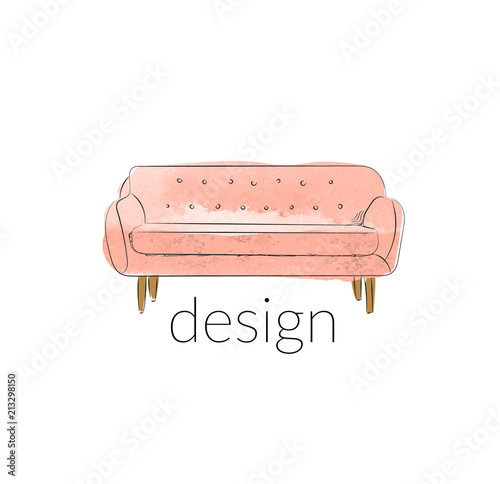 watercolor sofa illustration. interior design sign logo. hand drawn sketch of furniture. 