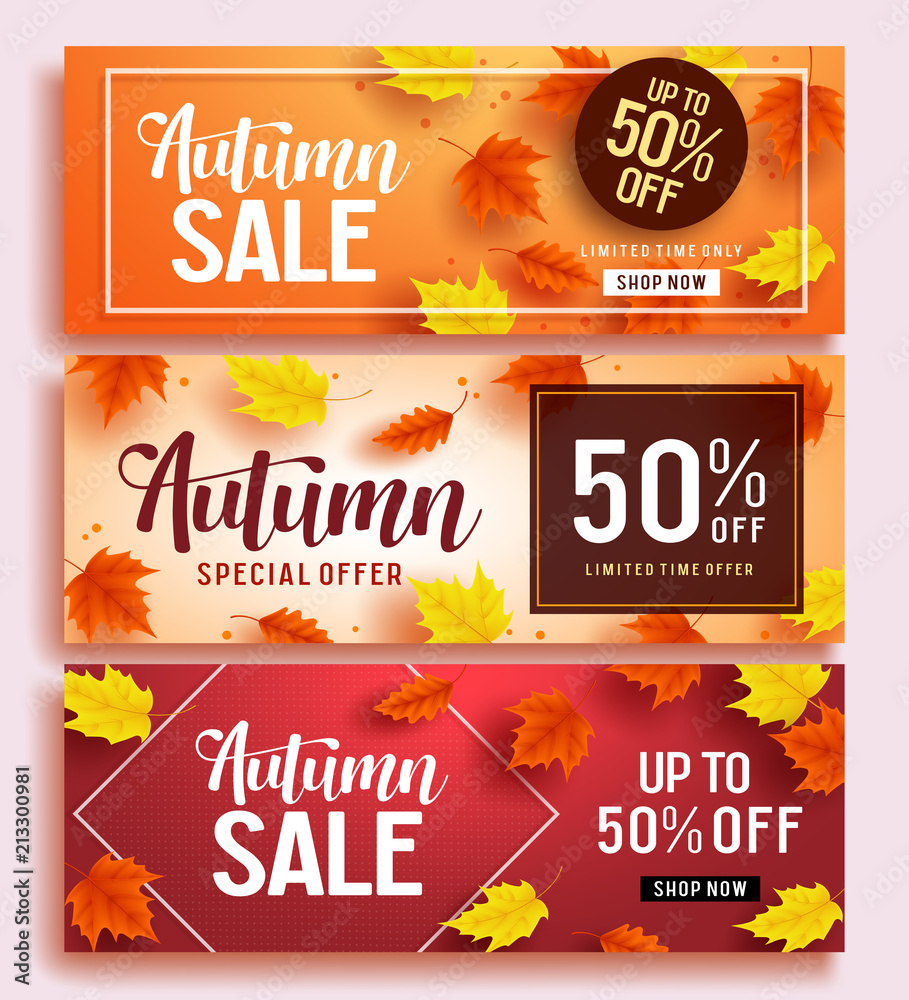 Fototapeta premium Autumn sale vector banner set template with colorful maple leaves background and sale text for fall season discount promotion. Vector illustration. 