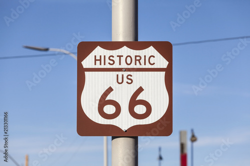 Historic US Route 66 highway sign in Kingman Arizona.