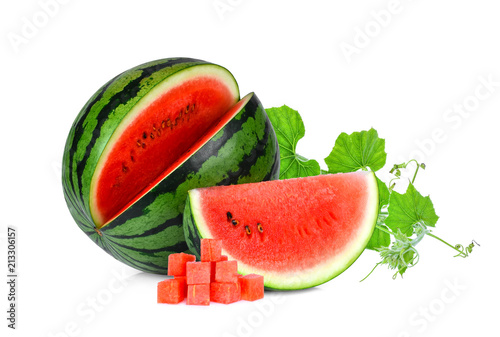 whole,slices and cubes watermelon with green leaf isolated on white background