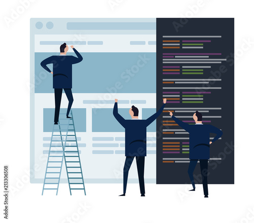 web develop and web design team ,and people business team working on wireframe coding programming concept small people with large screen