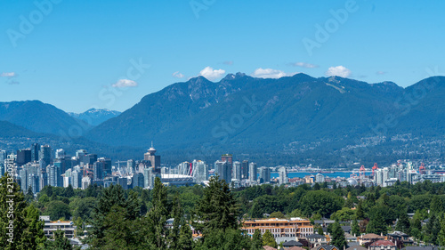 Wide panorama of Vancouver seen from above. Bright and sunny day.